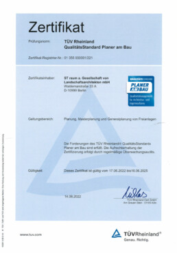 Zertifikat TÜV Rheinland Qualitätsstandard landschaftsarchitektur planung masterplanung generalplanung